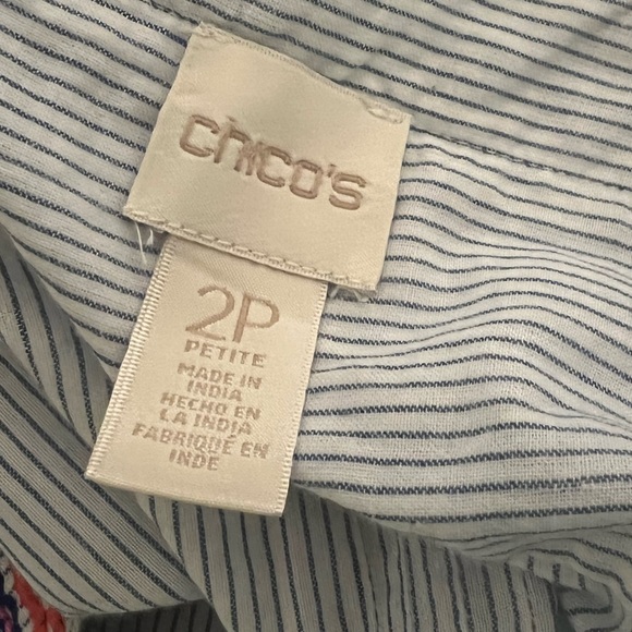Chico’s Pin Striped 100%Cotton Tassel Trim Top, Chico’s Size 2P-US Medium Petite - Picture 10 of 11
